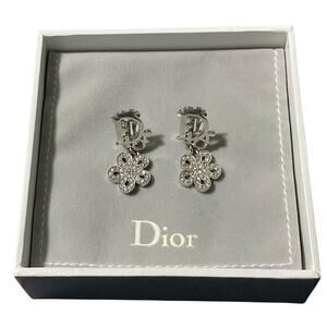 Christian Dior Flora Rhinestone x Metal Silver Earrings W/Box/Dustbag